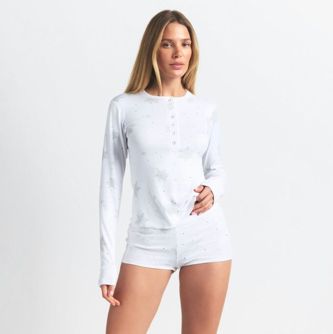 LOGO PLYSH POINTELLE RHINESTONE HENLEY-SETT