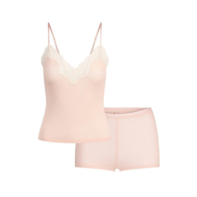 TRANSPARENT RIBBELT BLONDE-CAMI OG SHORTS-SETT